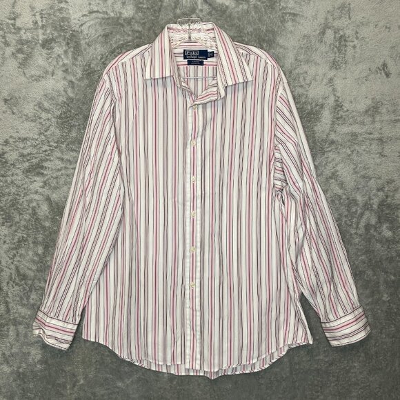 Polo Ralph Lauren Men Preppy Striped Pink Curham Custom Fit Collared Shirt 17 - Picture 1 of 10